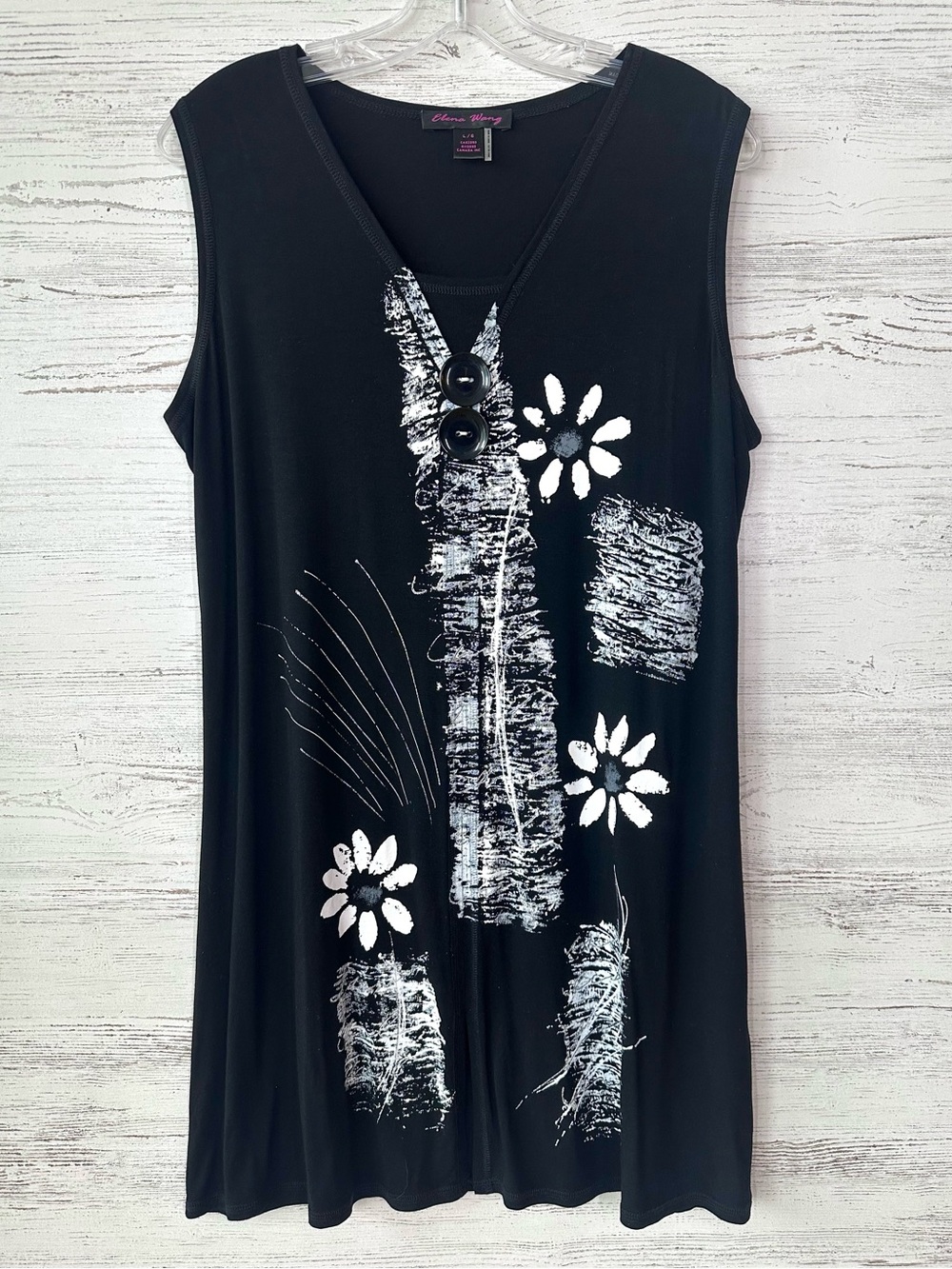 ELENA WANG Artsy Sleeveless Mixed Media Art to Wear Stretch Jersey Mini Dress L